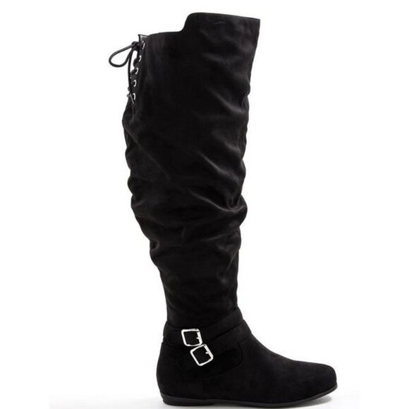 Torrid Black Double Buckle Over The Knee Boots Suede Lace Up Thigh 7 WW NEW - Picture 1 of 4